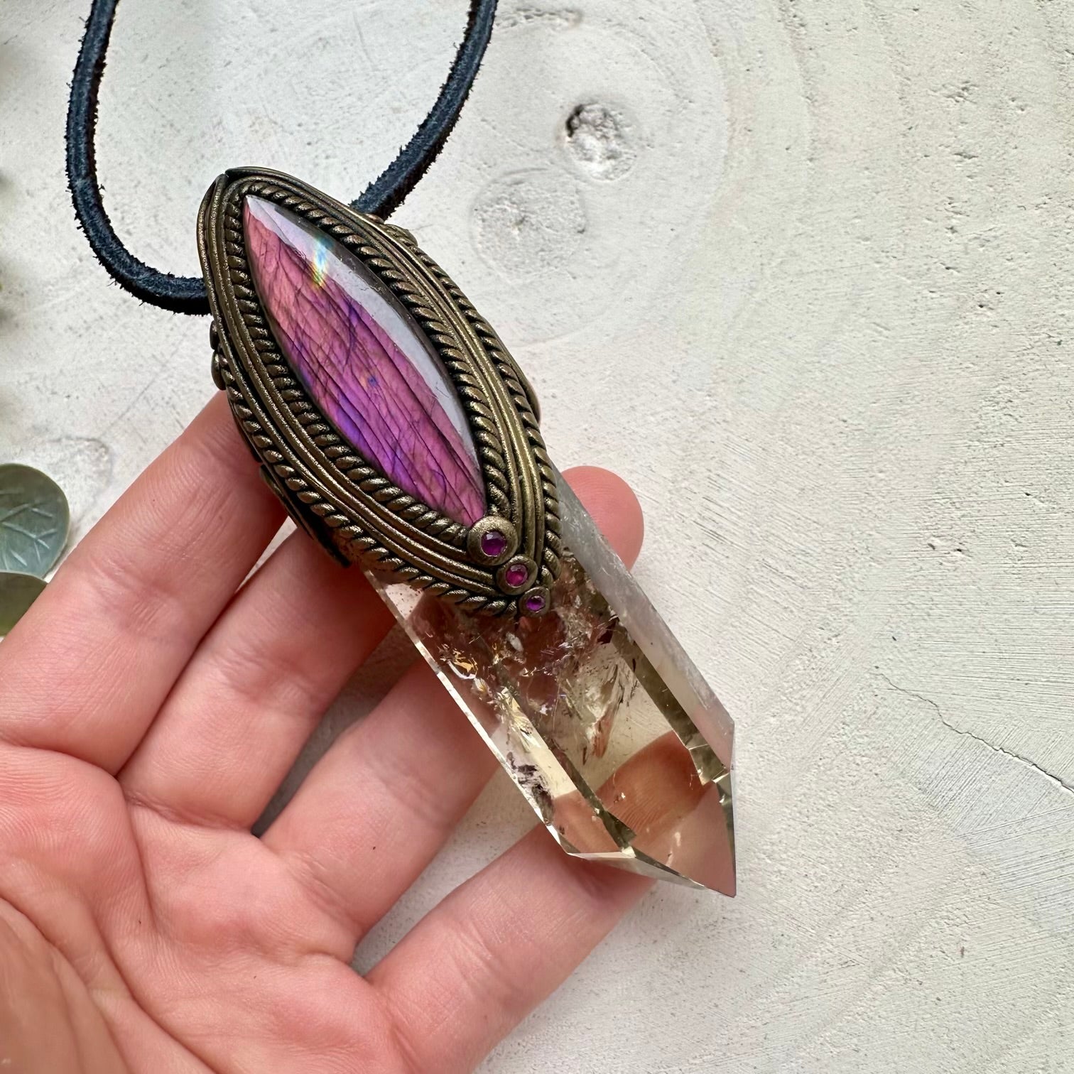 Handmade crystal wand necklace with citrine and ruby