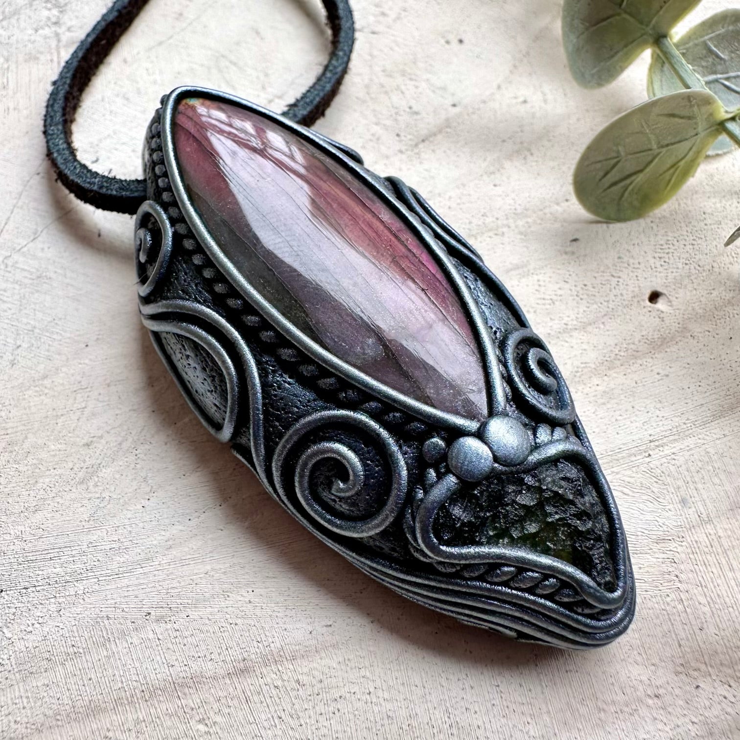 Artisan necklace with moldavite and labradorite