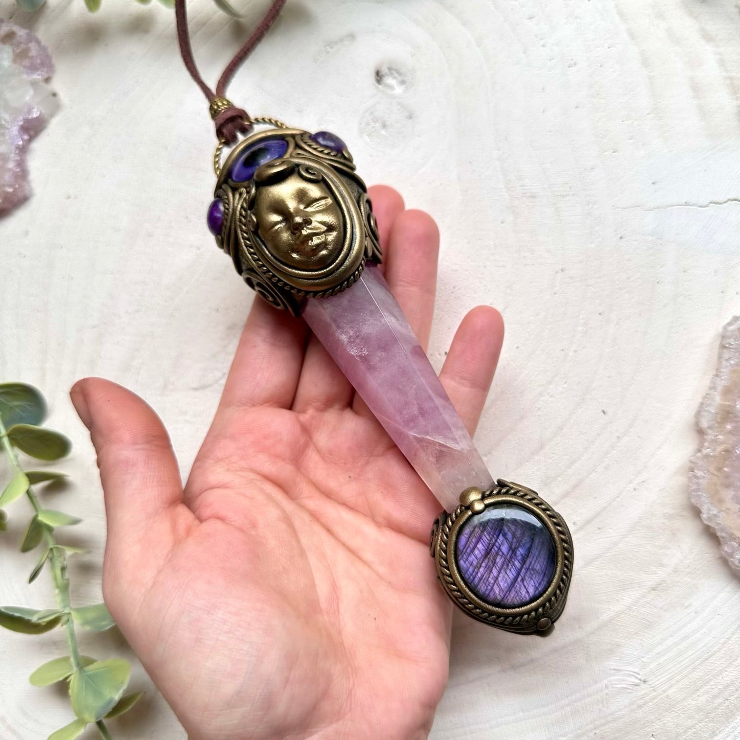 Handmade crystal wand necklace with fluorite amethyst and labradorite