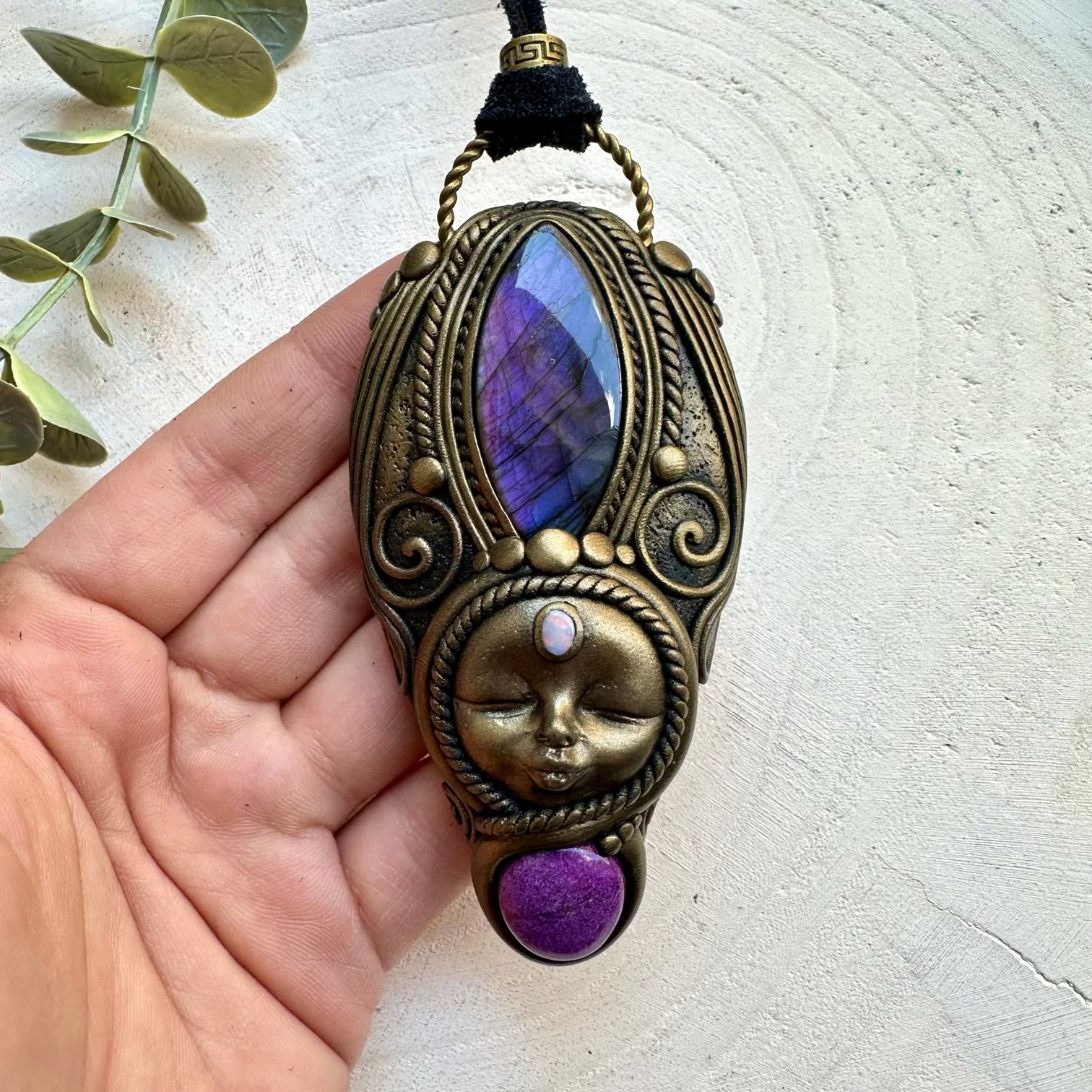 Handmade goddess necklace with labradorite and opal gemstones