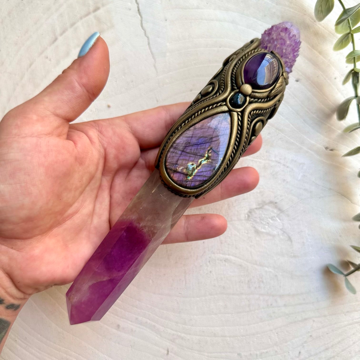 Crystal healing wand crafted with Rainbow Fluorite and Deep Purple Spirit Quartz in an artisan design.
