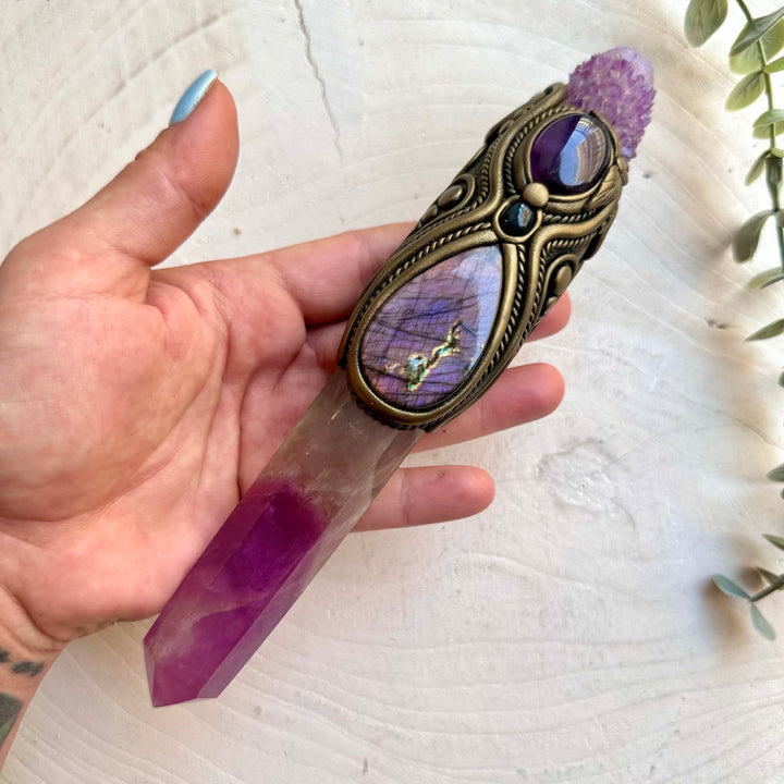 Crystal healing wand crafted with Rainbow Fluorite and Deep Purple Spirit Quartz in an artisan design.