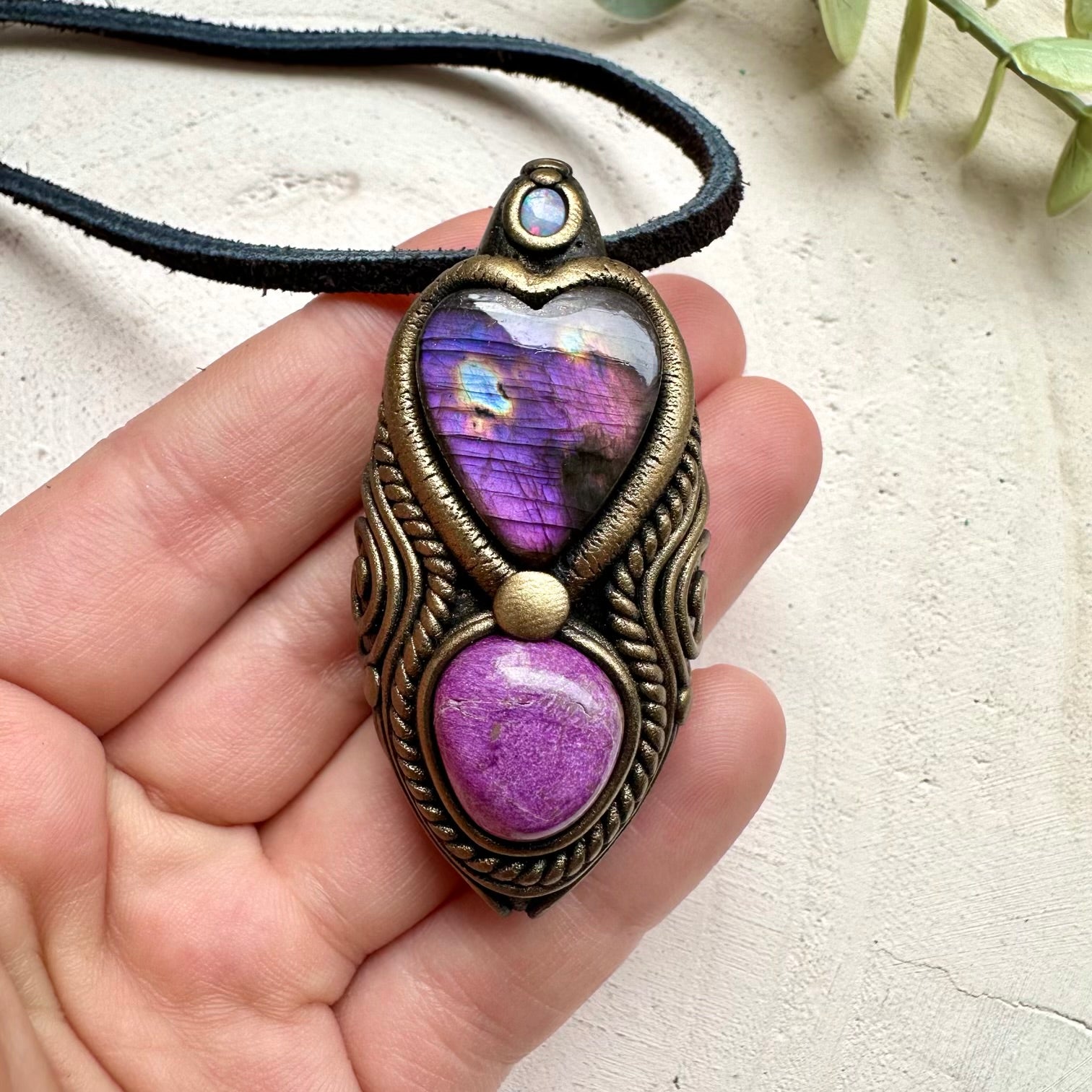 Purple labradorite heart with stichtite and australian opal pendant necklace