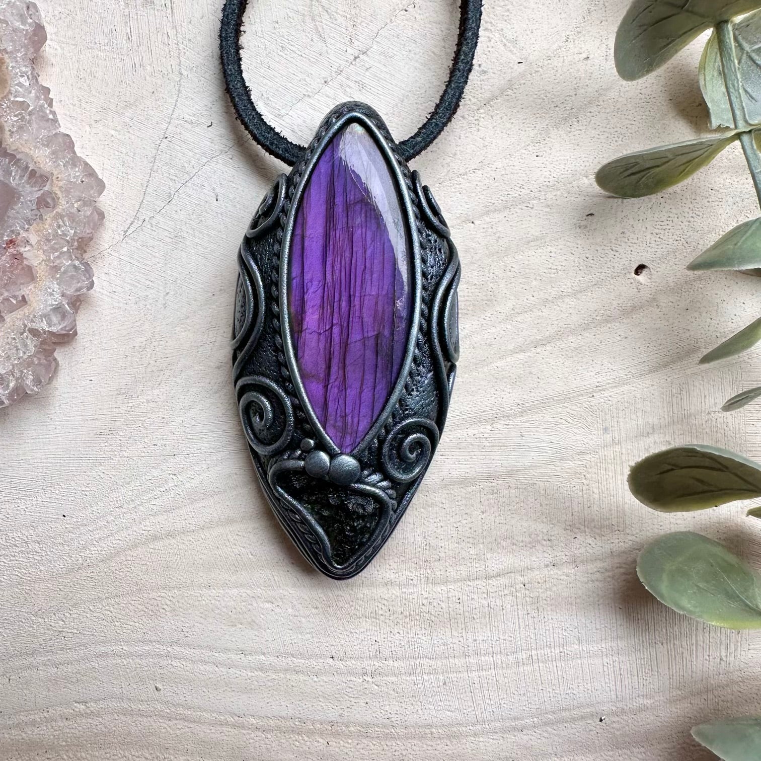 Purple labradorite and moldavite pendant necklace