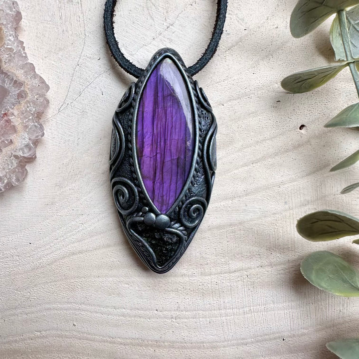 Purple labradorite and moldavite pendant necklace