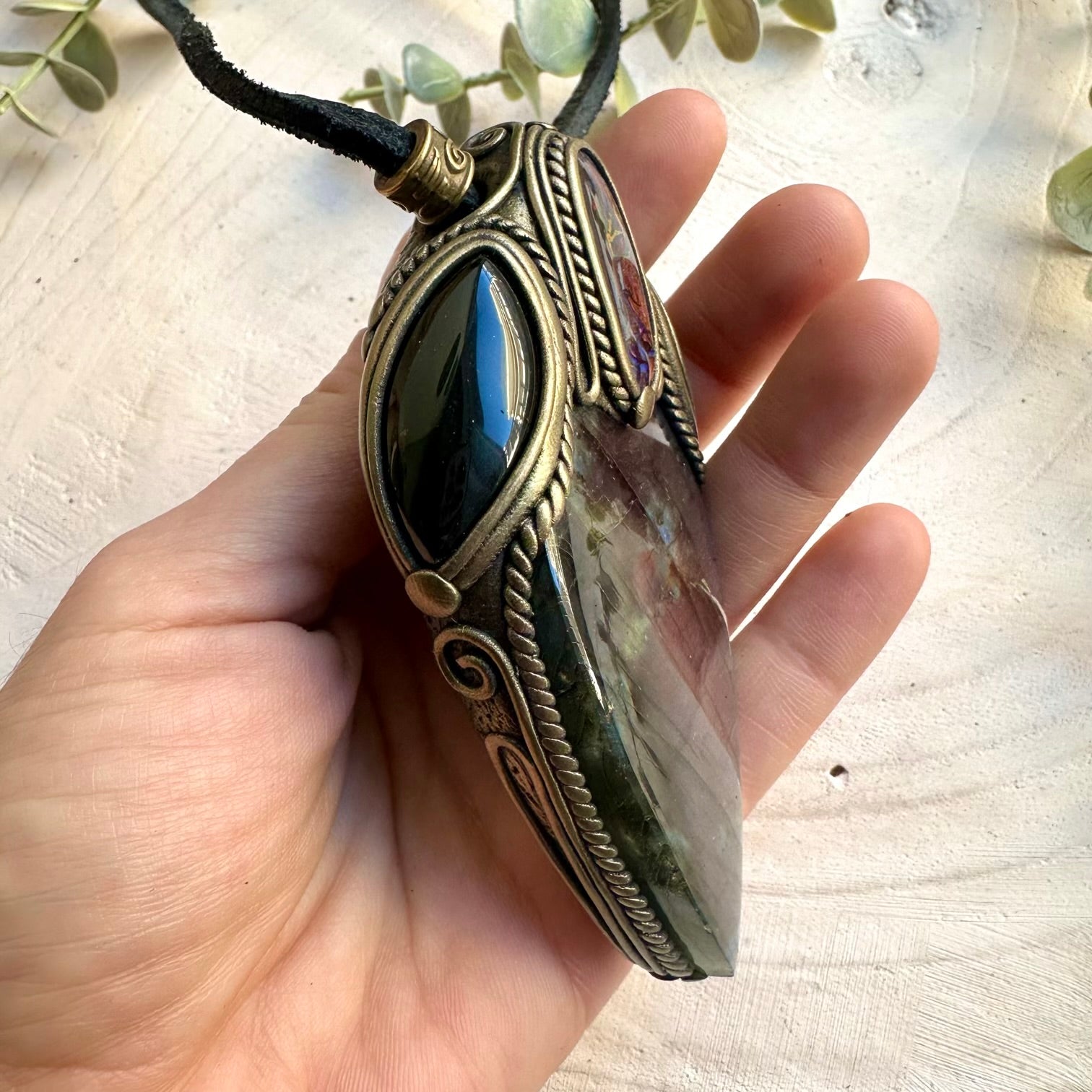 Natural gemstone jewelry necklace with purple labradorite and black onyx