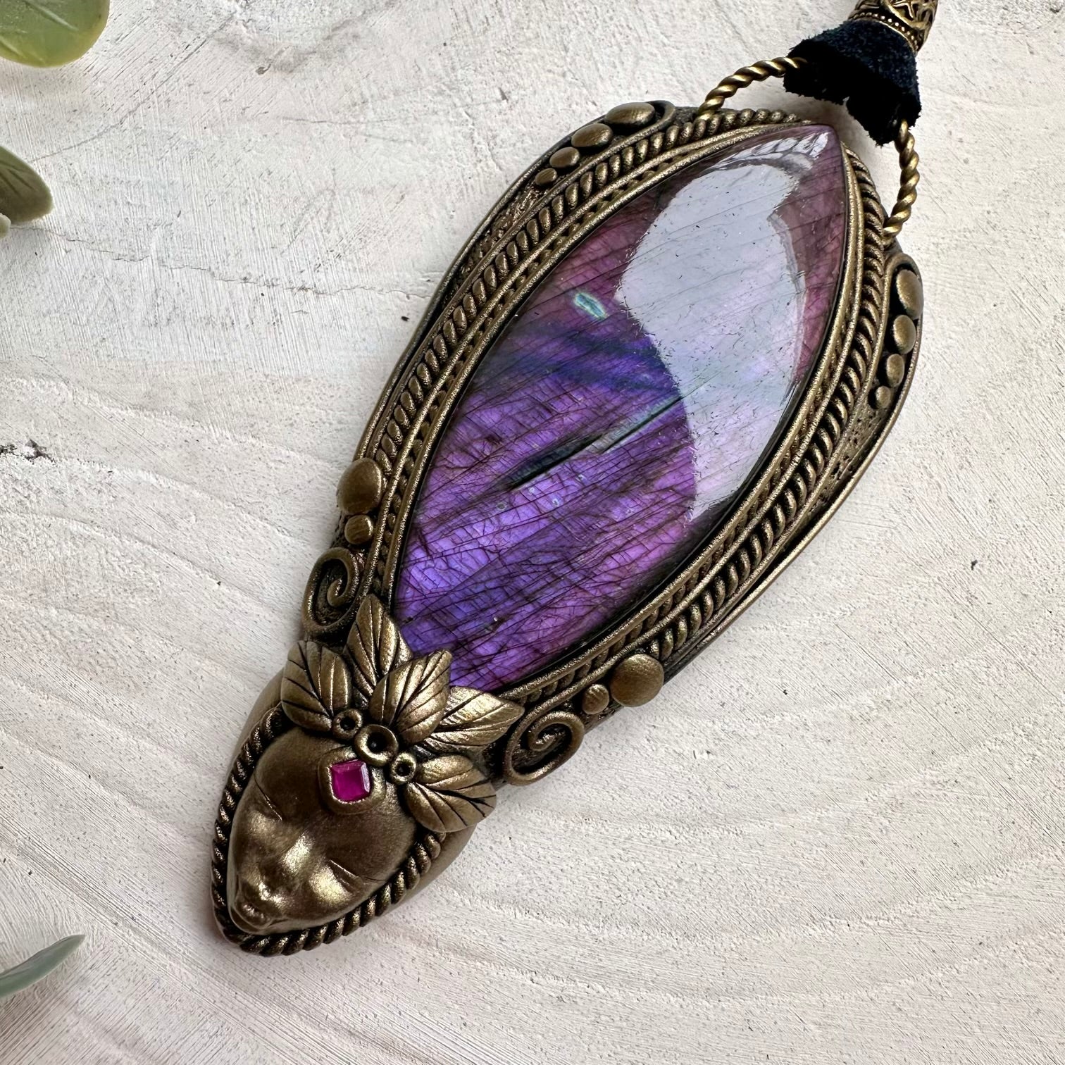 Goddess pendant with large purple labradorite and ruby necklace
