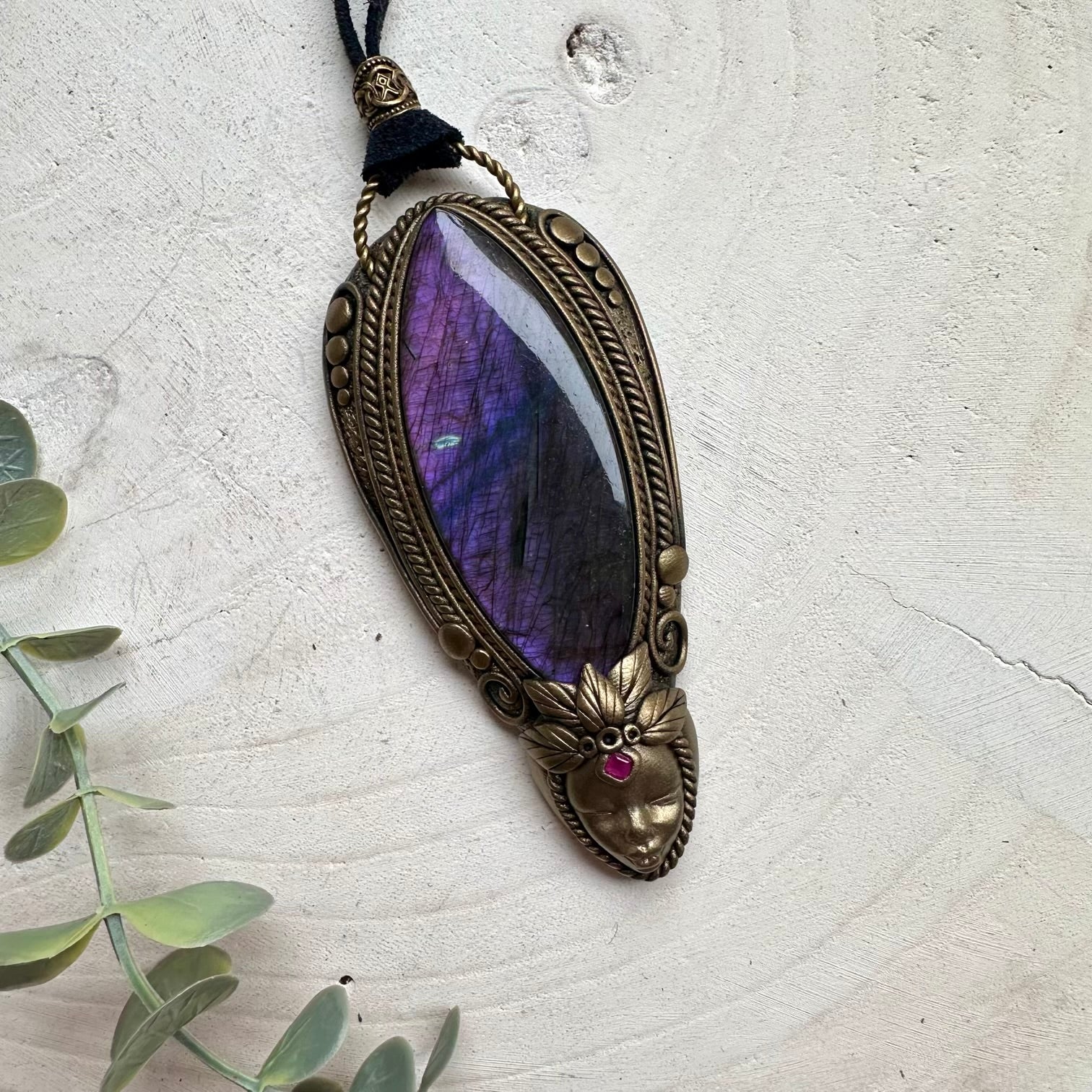 Healing crystal goddess pendant with ruby and purple labradorite
