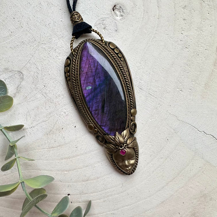 Healing crystal goddess pendant with ruby and purple labradorite