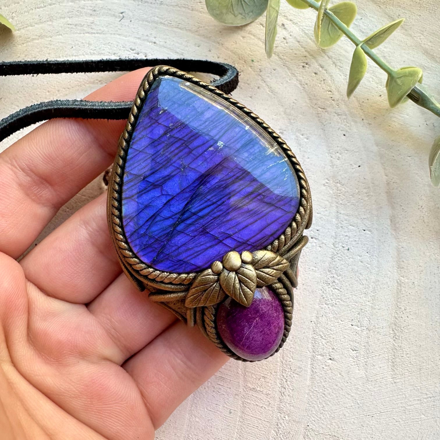 Purple labradorite and stichtite pendant necklace