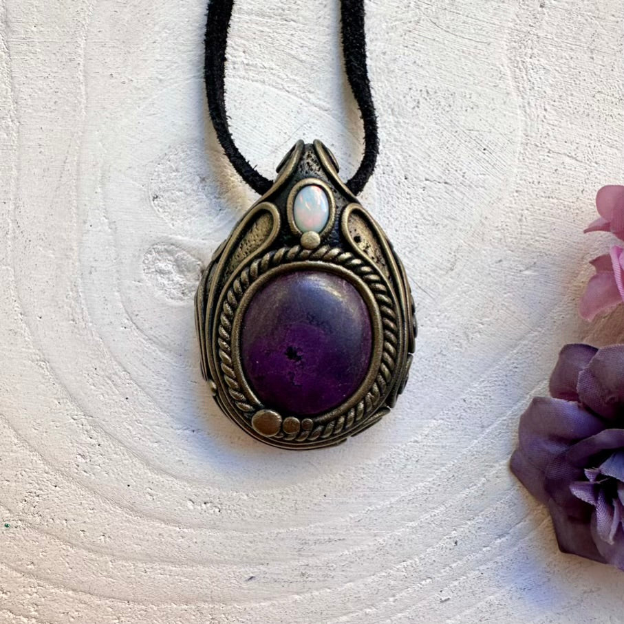 Handmade Purpurite crystal and Australian Opal pendant necklace, one-of-a-kind spiritual healing talisman jewelry.
