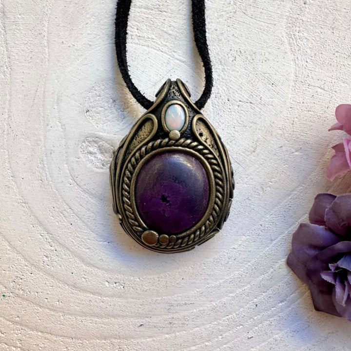 Handmade Purpurite crystal and Australian Opal pendant necklace, one-of-a-kind spiritual healing talisman jewelry.