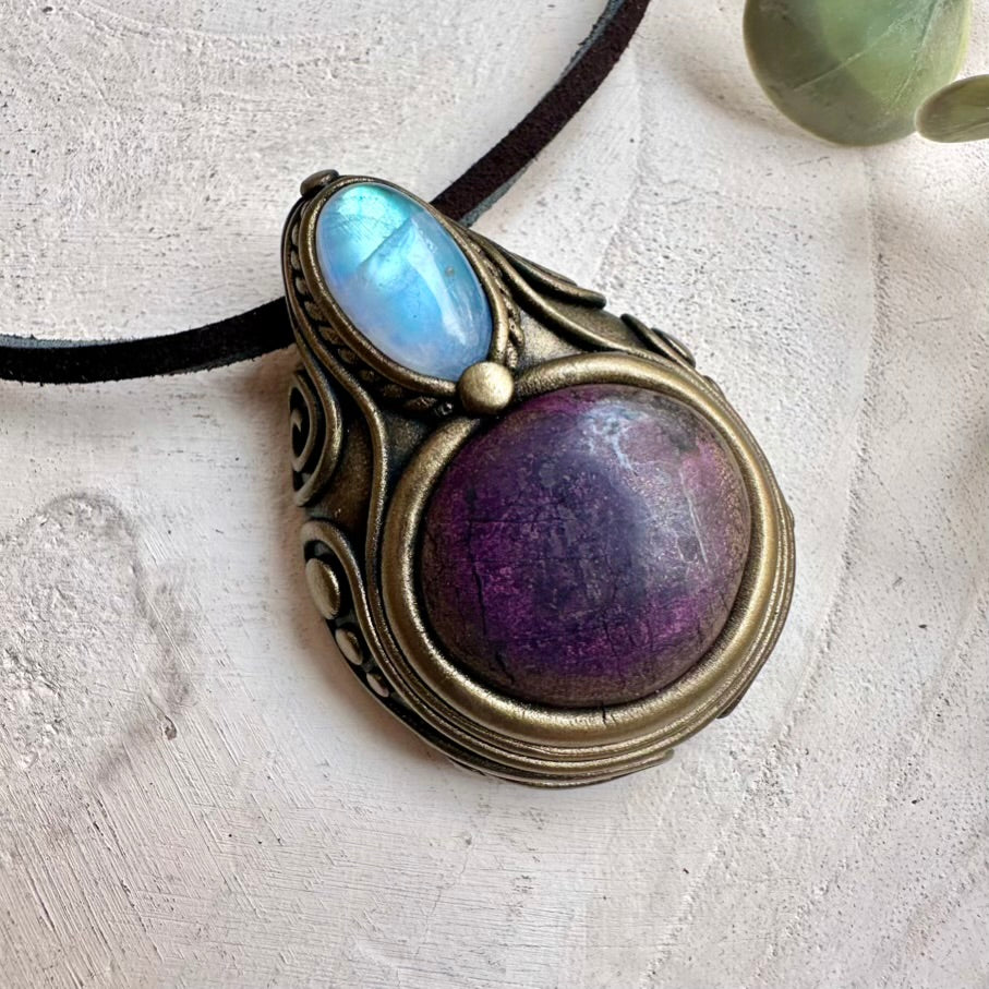 One of a kind purpurite and rainbow moonstone pendant necklace