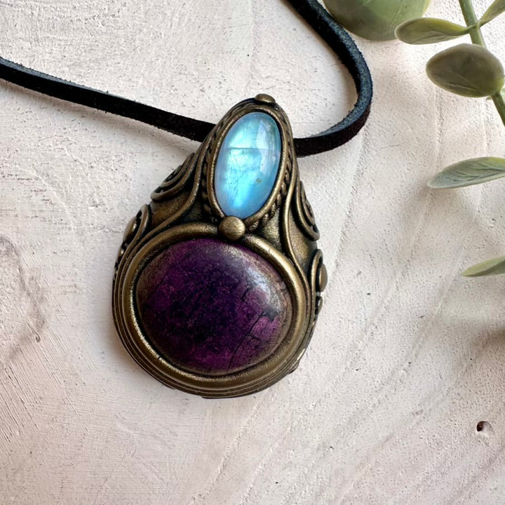 Natural purpurite and moonstone gemstone necklace with soft iridescent tones