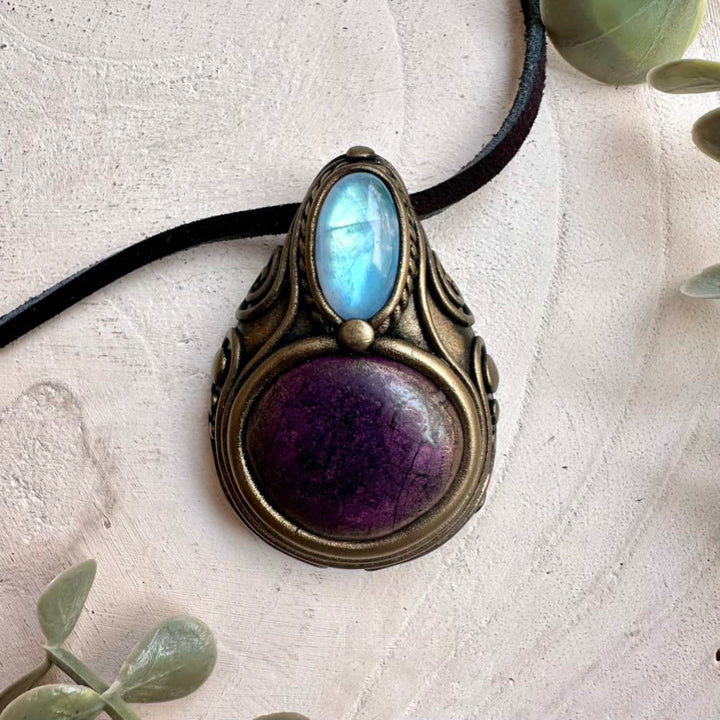 Purpurite and rainbow moonstone necklace, handmade healing crystal jewelry