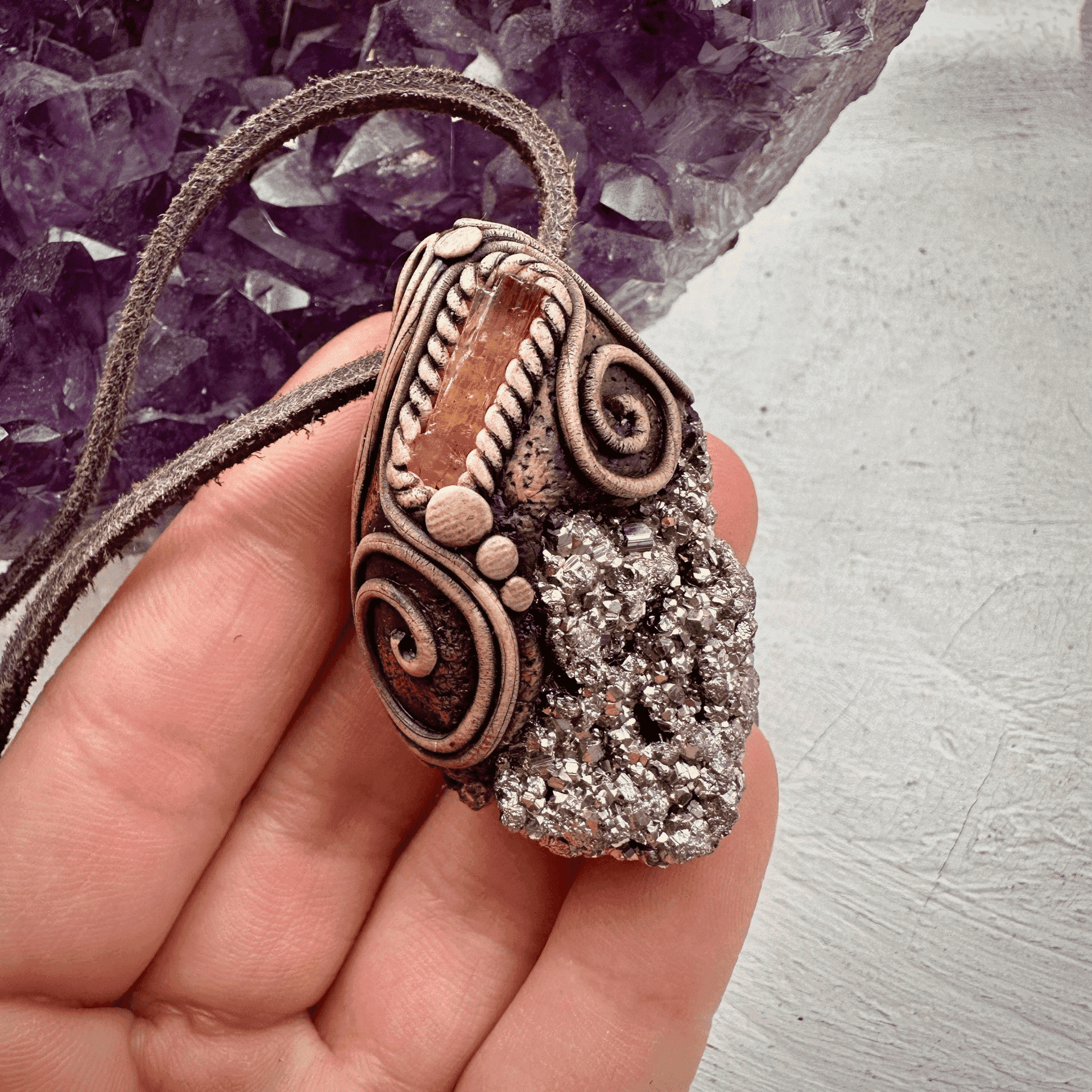 Pyrite and Imperial Topaz Pendant Necklace - FairyGardenGlow