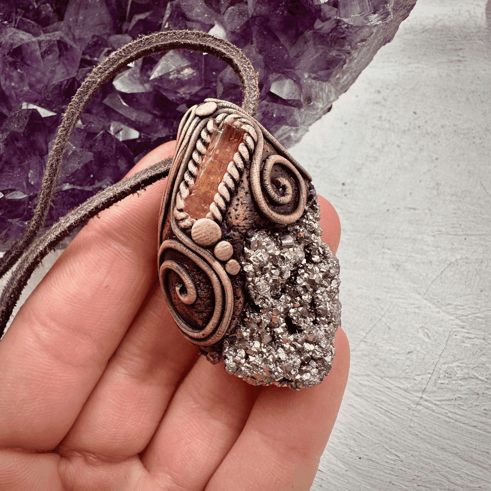 Pyrite and Imperial Topaz Pendant Necklace - FairyGardenGlow