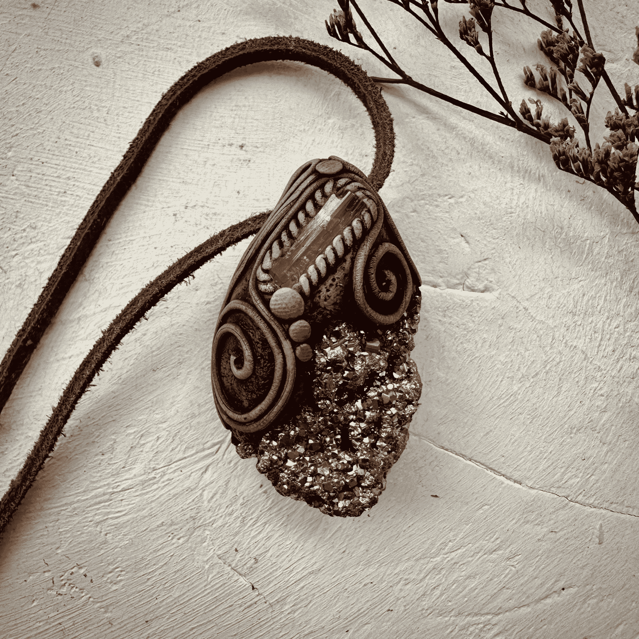 Pyrite and Imperial Topaz Pendant Necklace - FairyGardenGlow