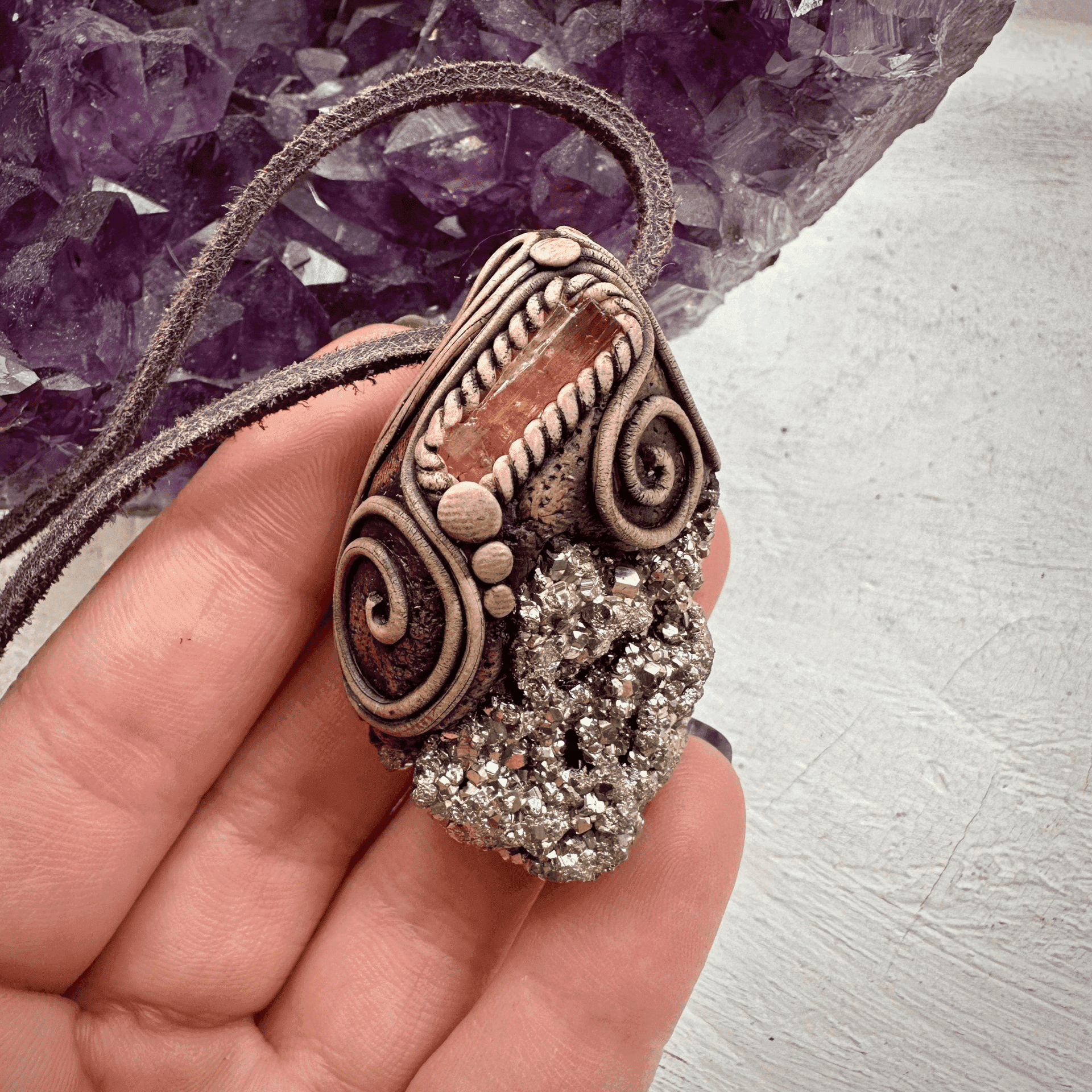 Pyrite and Imperial Topaz Pendant Necklace - FairyGardenGlow