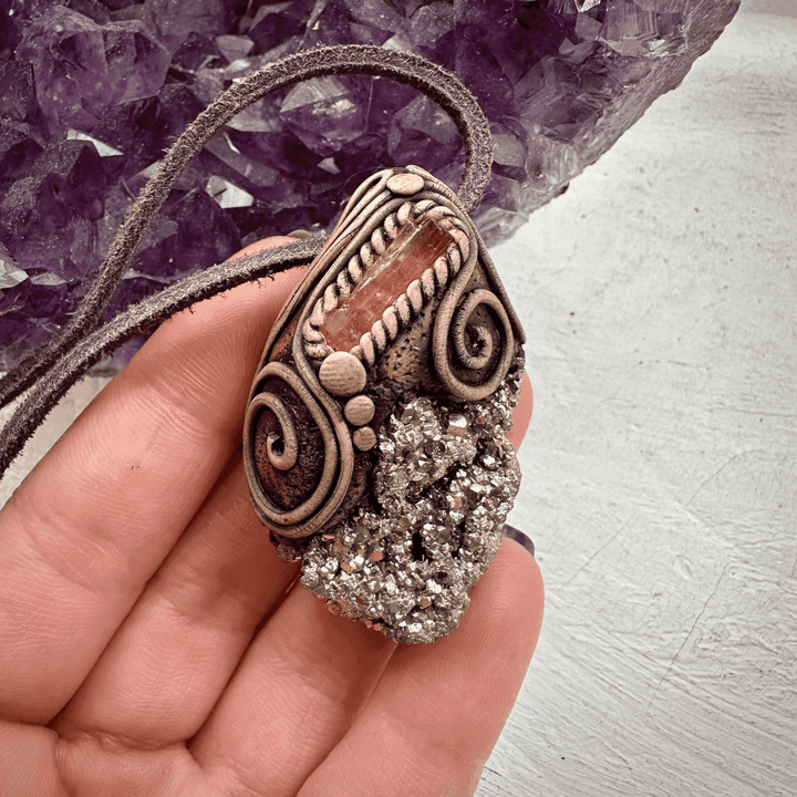 Pyrite and Imperial Topaz Pendant Necklace - FairyGardenGlow