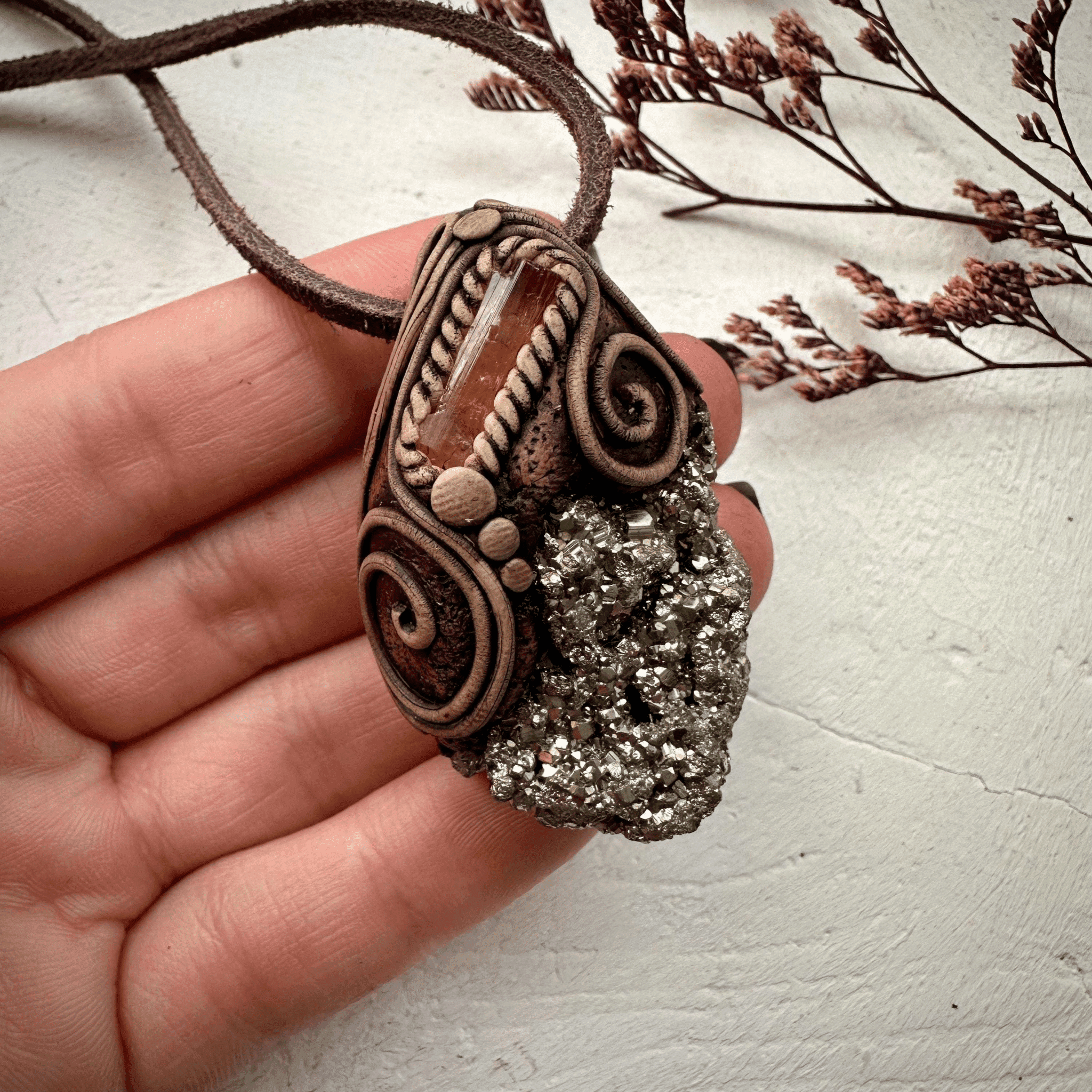 Pyrite and Imperial Topaz Pendant Necklace - FairyGardenGlow