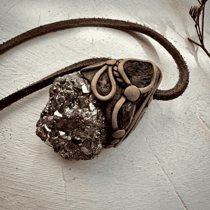 Pyrite Moldavite and Rhodolite Garnet Necklace - FairyGardenGlow