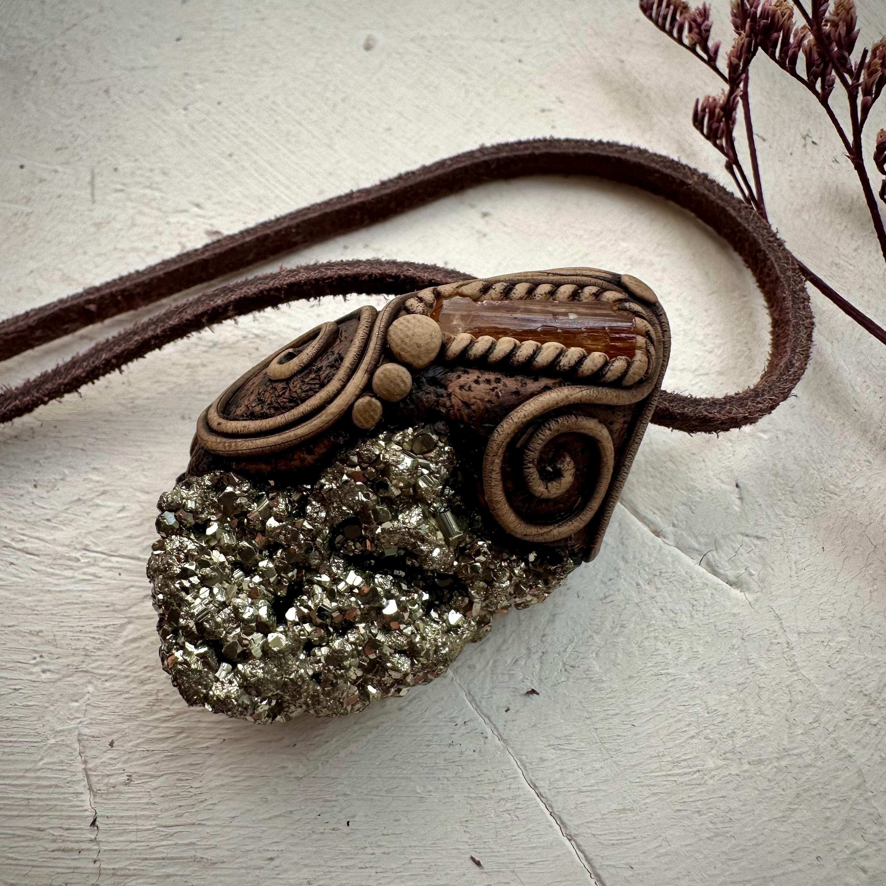 Pyrite and Imperial Topaz Pendant Necklace - FairyGardenGlow