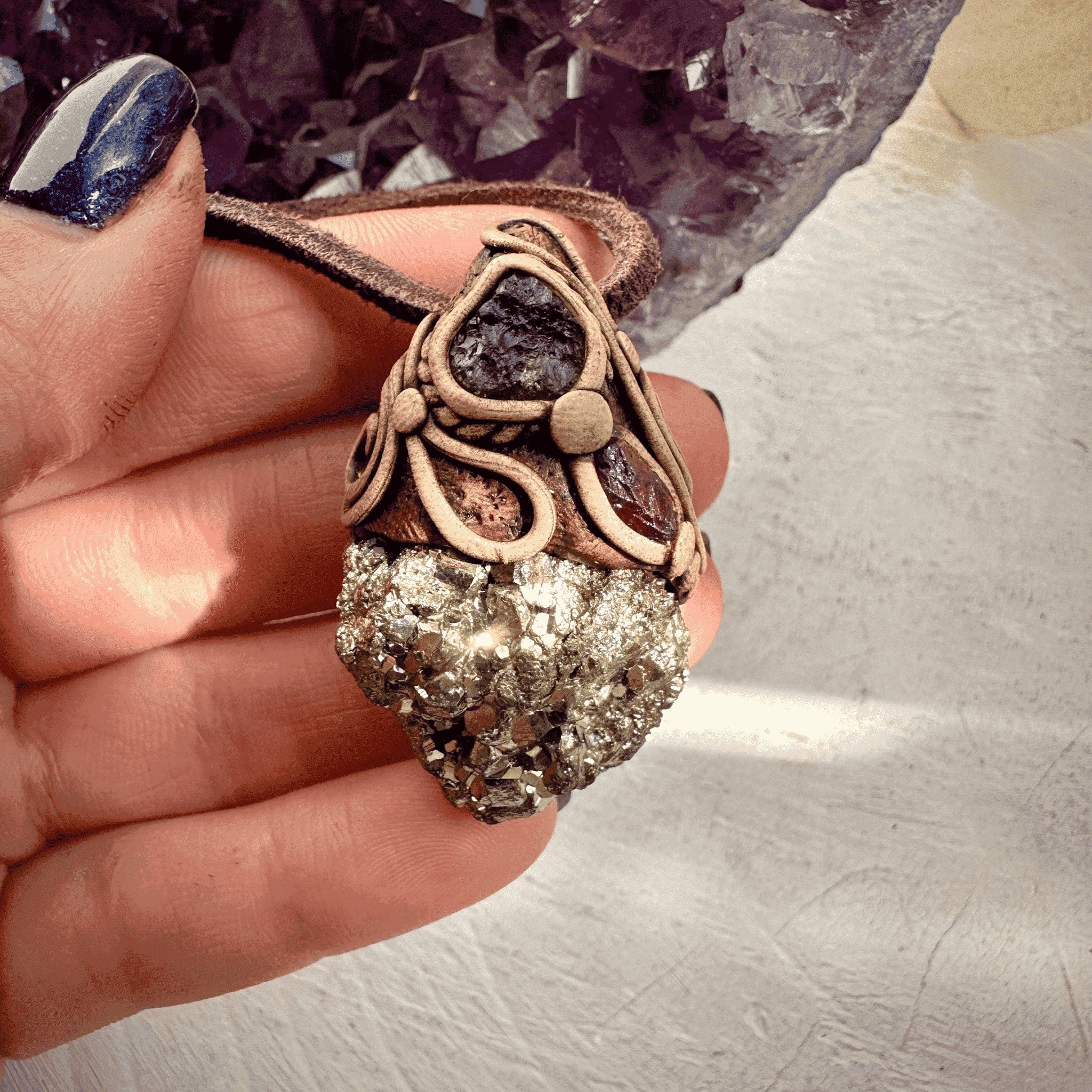 Pyrite Moldavite and Rhodolite Garnet Necklace - FairyGardenGlow