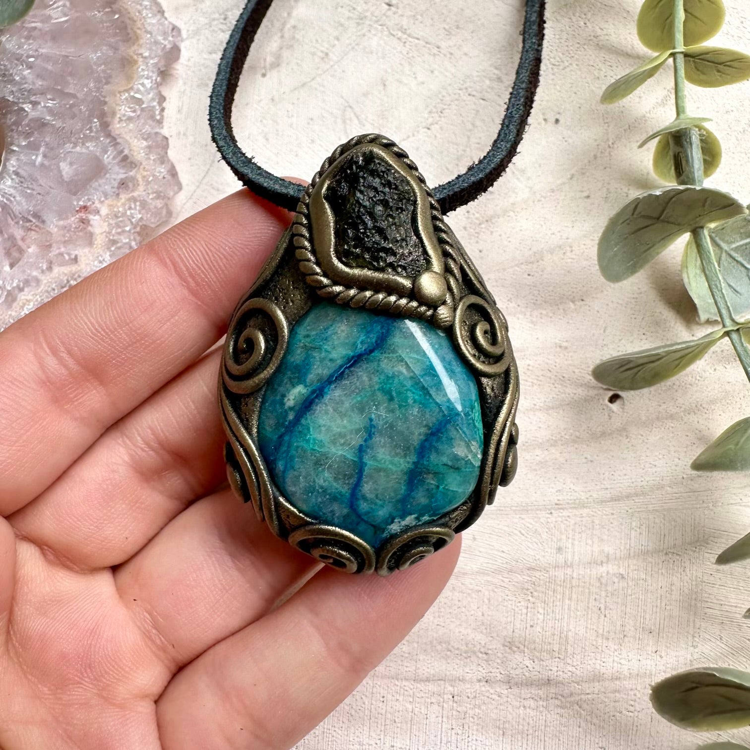 Quantum quattro and moldavite pendant necklace