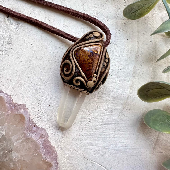 Lemurian quartz paired with boulder opal in a necklace