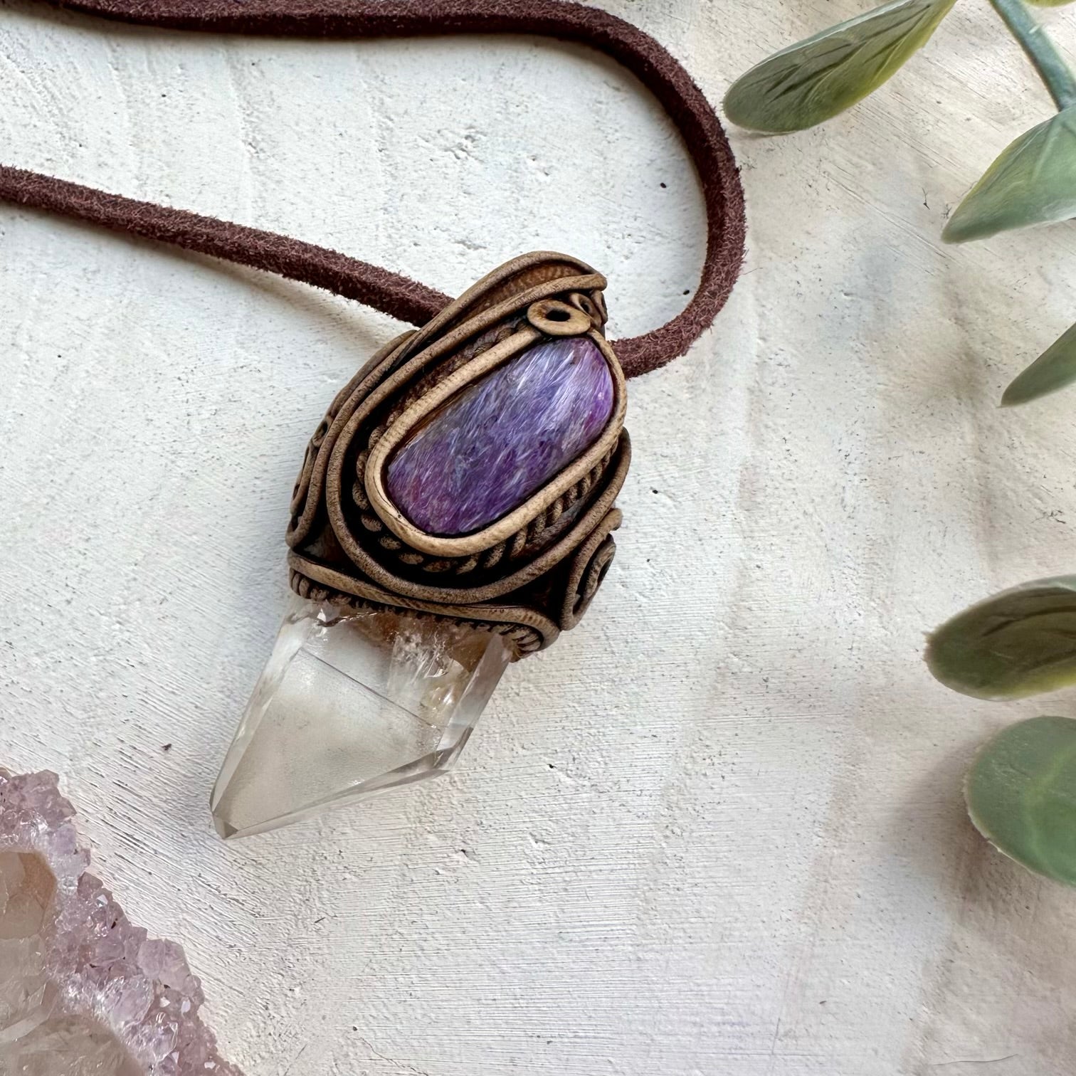 Healing crystal pendant with quartz and charoite