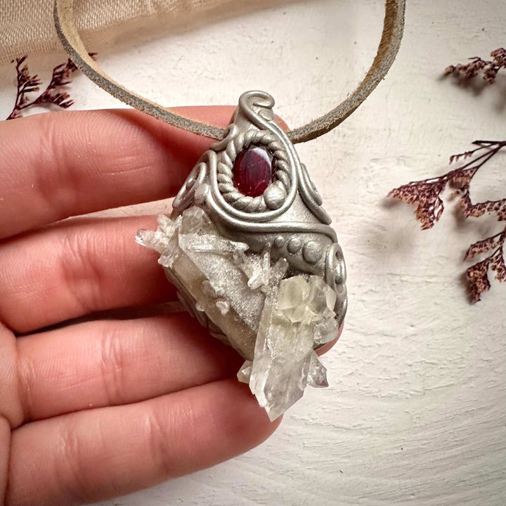 Quartz Cluster and Red Garnet Pendant Necklace - FairyGardenGlow