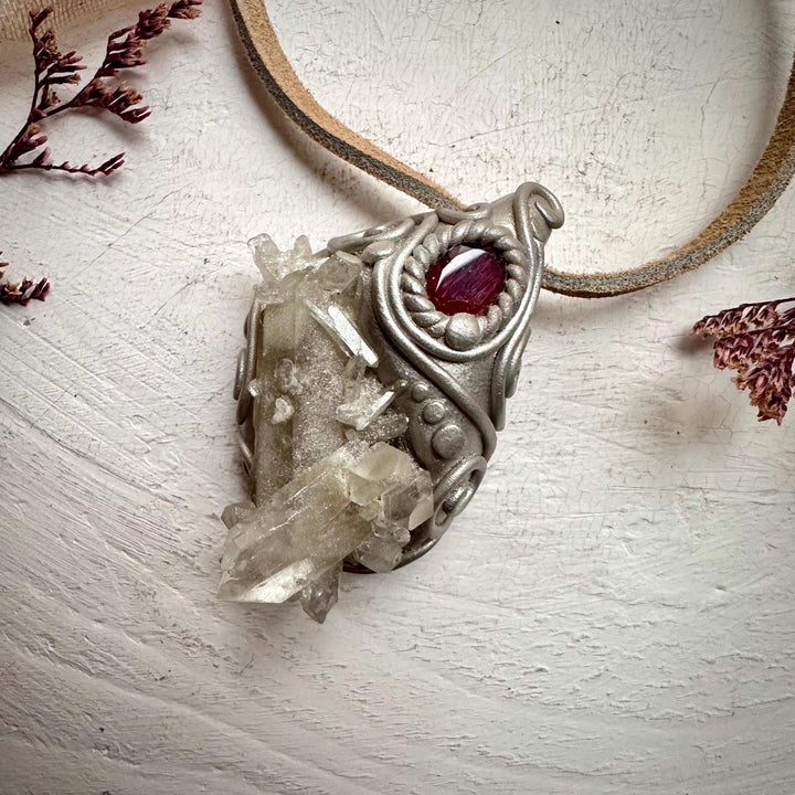 Quartz Cluster and Red Garnet Pendant Necklace - FairyGardenGlow