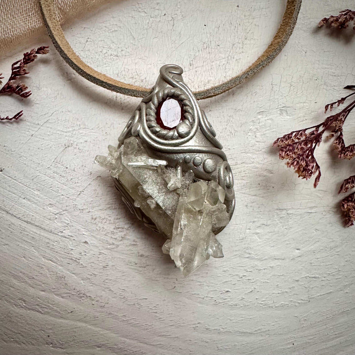 Quartz Cluster and Red Garnet Pendant Necklace - FairyGardenGlow