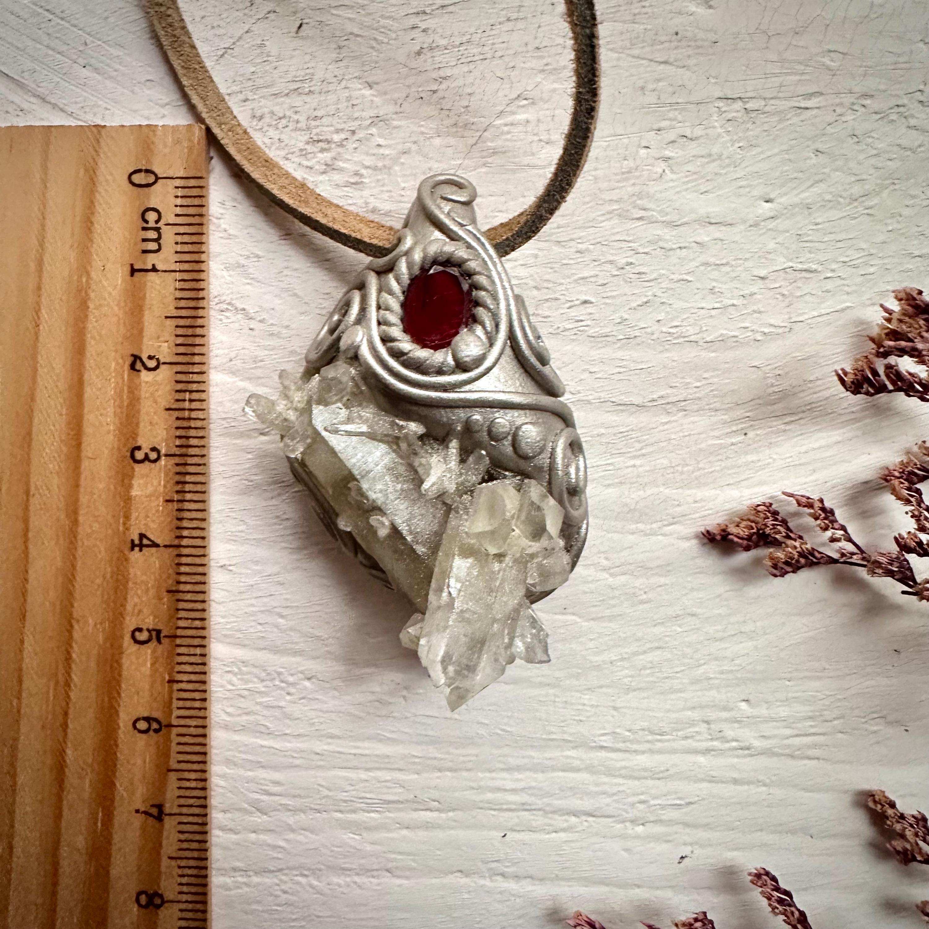 Quartz Cluster and Red Garnet Pendant Necklace - FairyGardenGlow