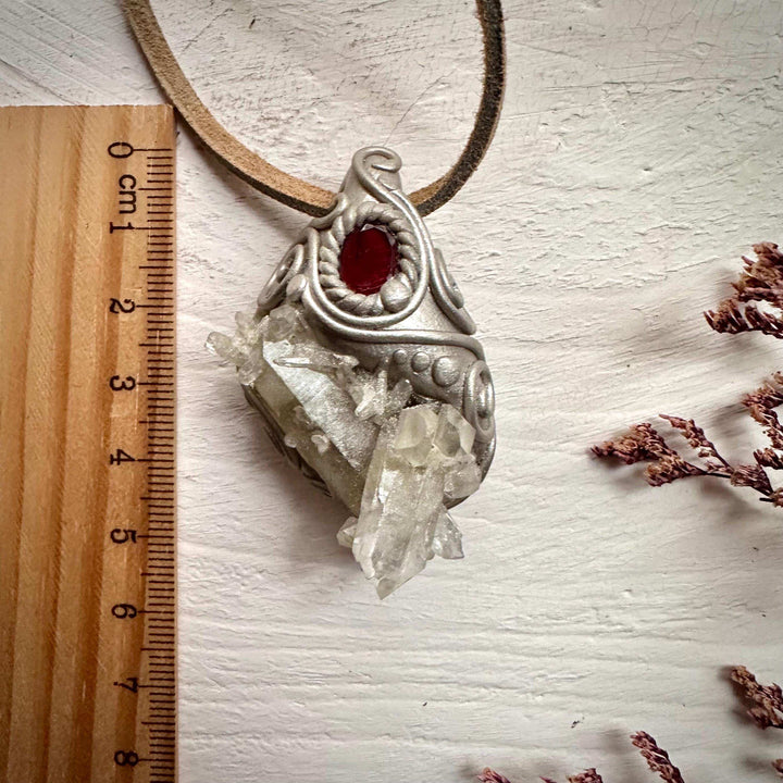 Quartz Cluster and Red Garnet Pendant Necklace - FairyGardenGlow