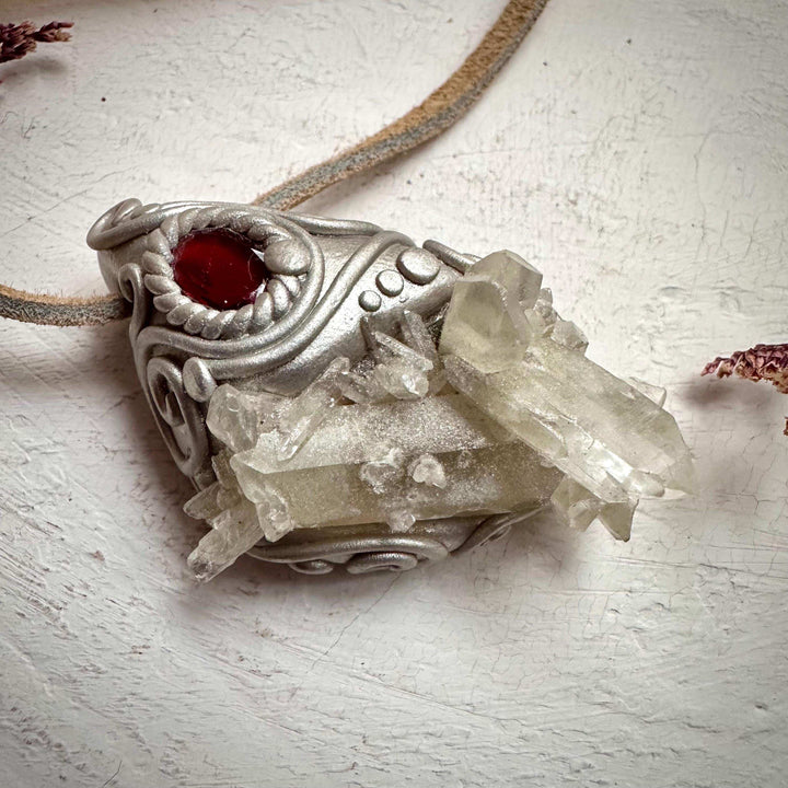 Quartz Cluster and Red Garnet Pendant Necklace - FairyGardenGlow
