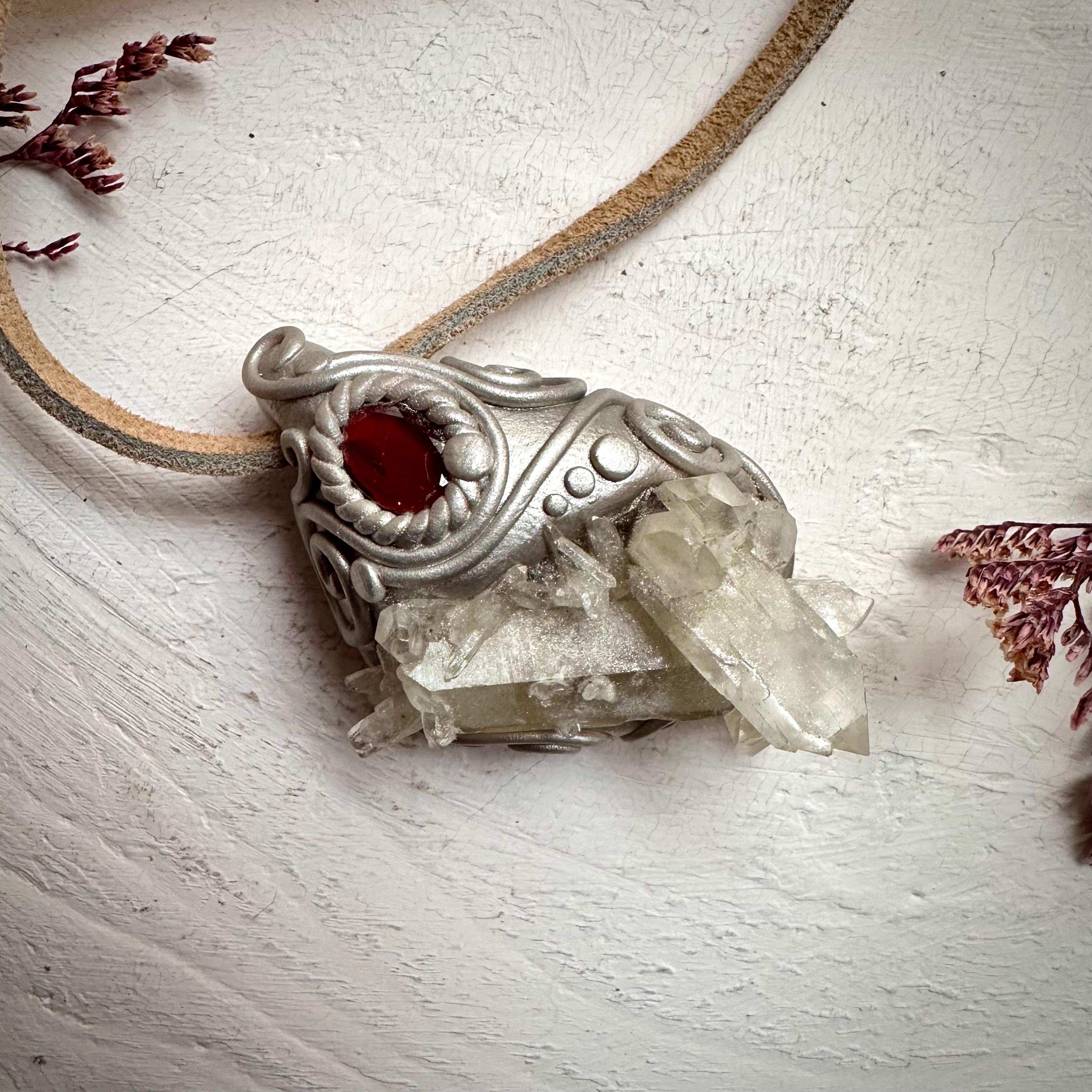 Quartz Cluster and Red Garnet Pendant Necklace - FairyGardenGlow