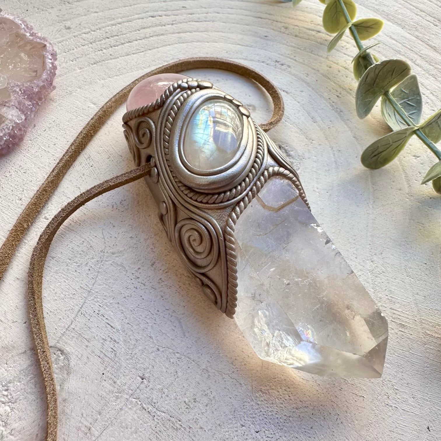 Energy pendant with clear quartz rose quartz and moonstone