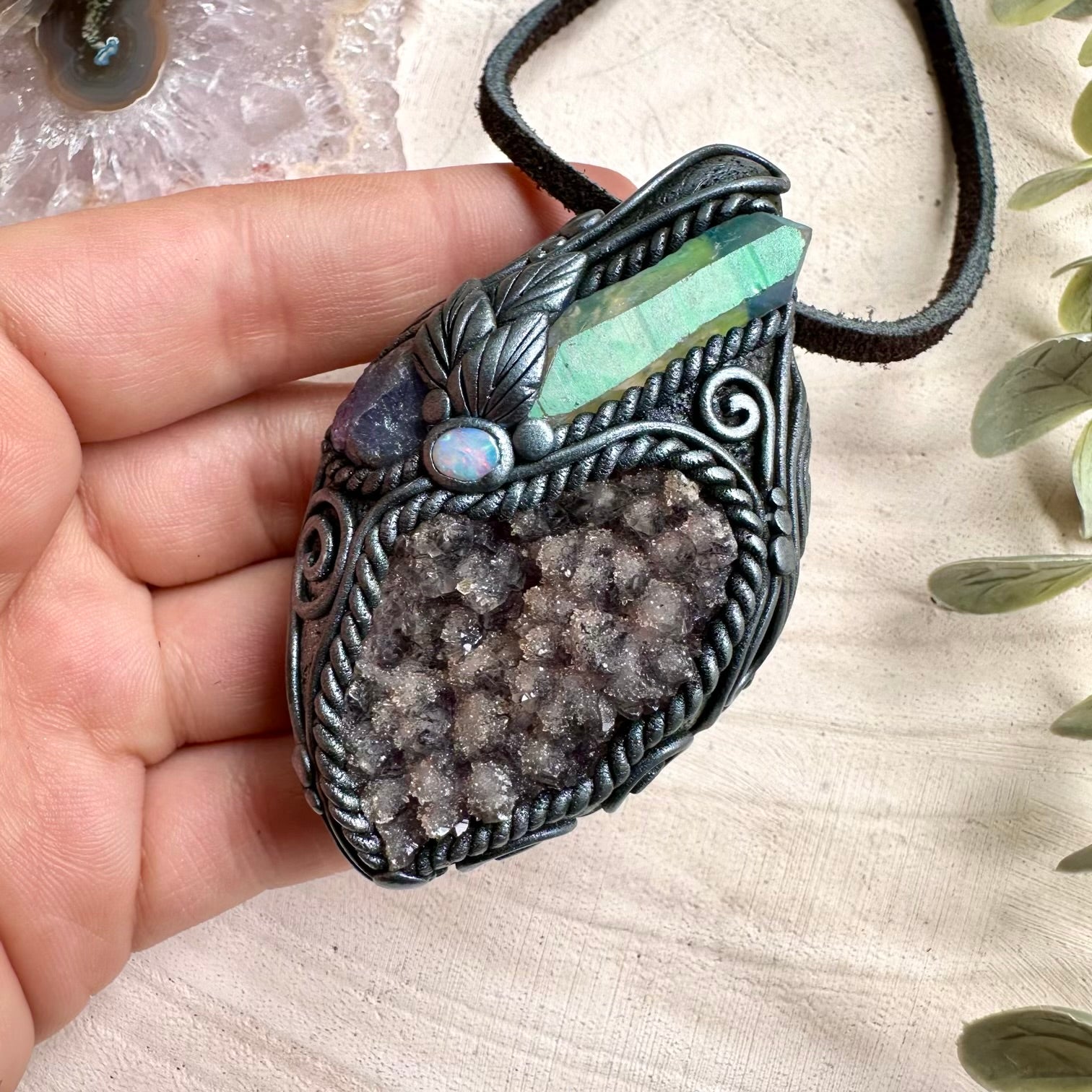 Quartz on amethyst angel aura quartz tanzanite and opal necklace