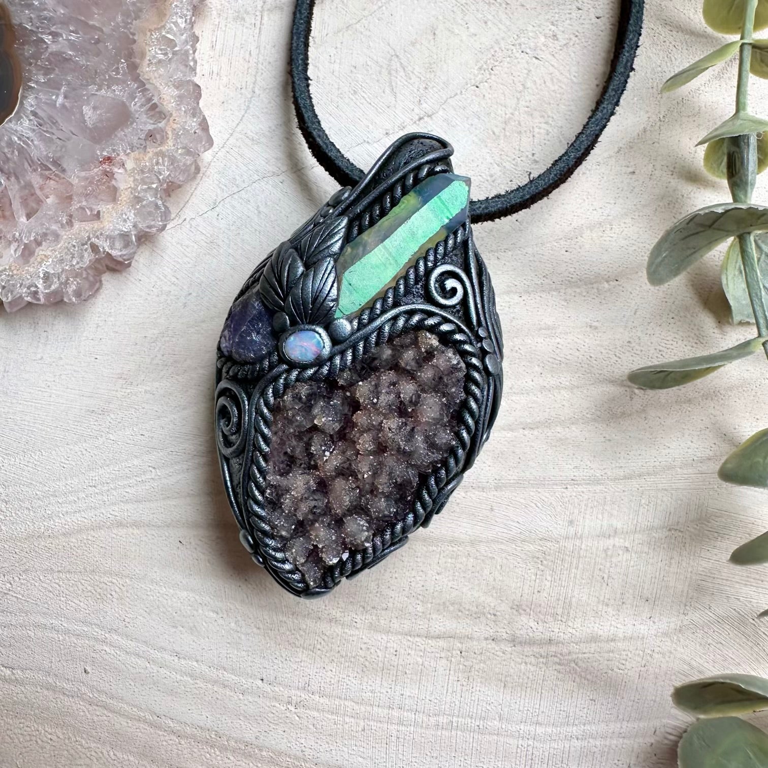 Handmade pendant with quartz on amethyst and angel aura quartz