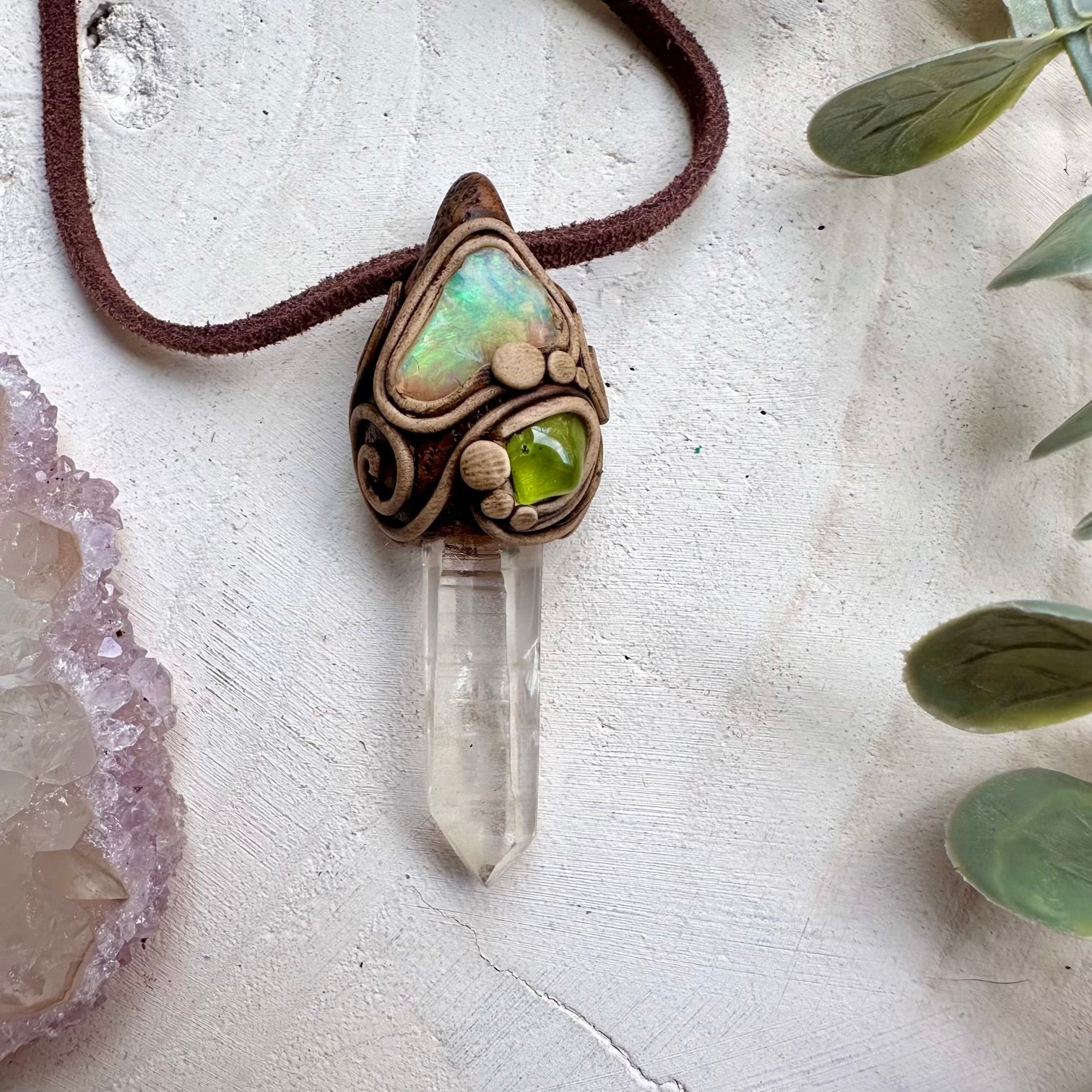 Handmade necklace with lemurian quartz opal and peridot