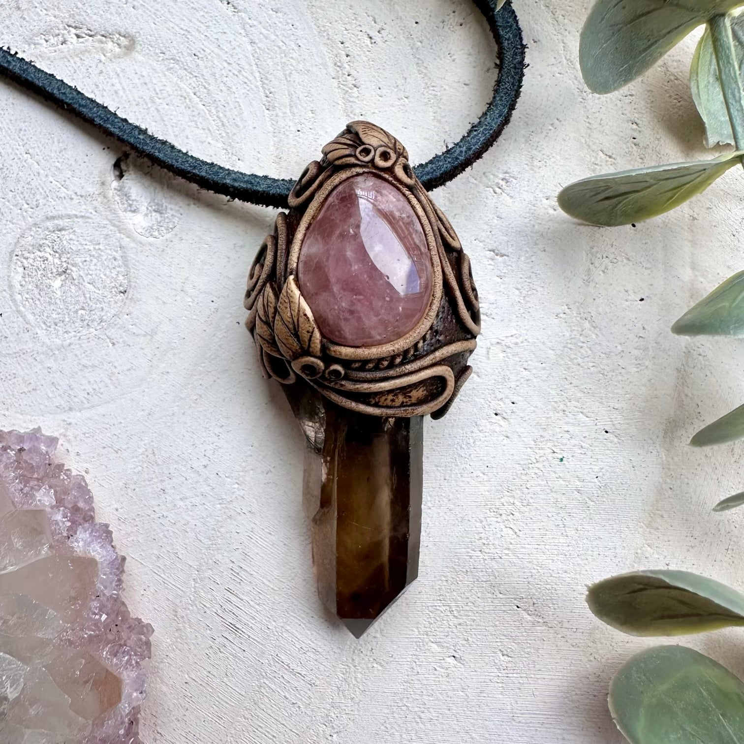 Handmade necklace with smoky quartz and lavender quartz