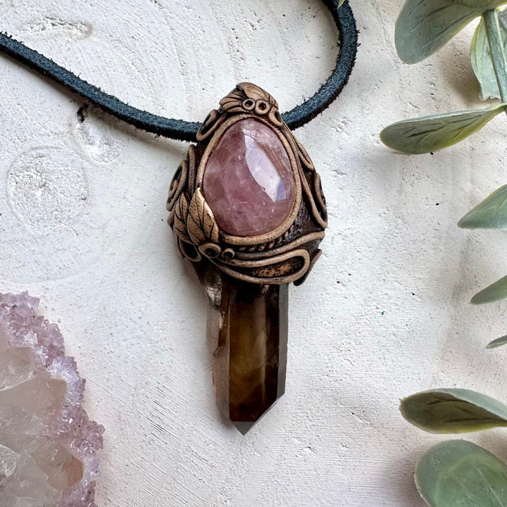 Handmade necklace with smoky quartz and lavender quartz