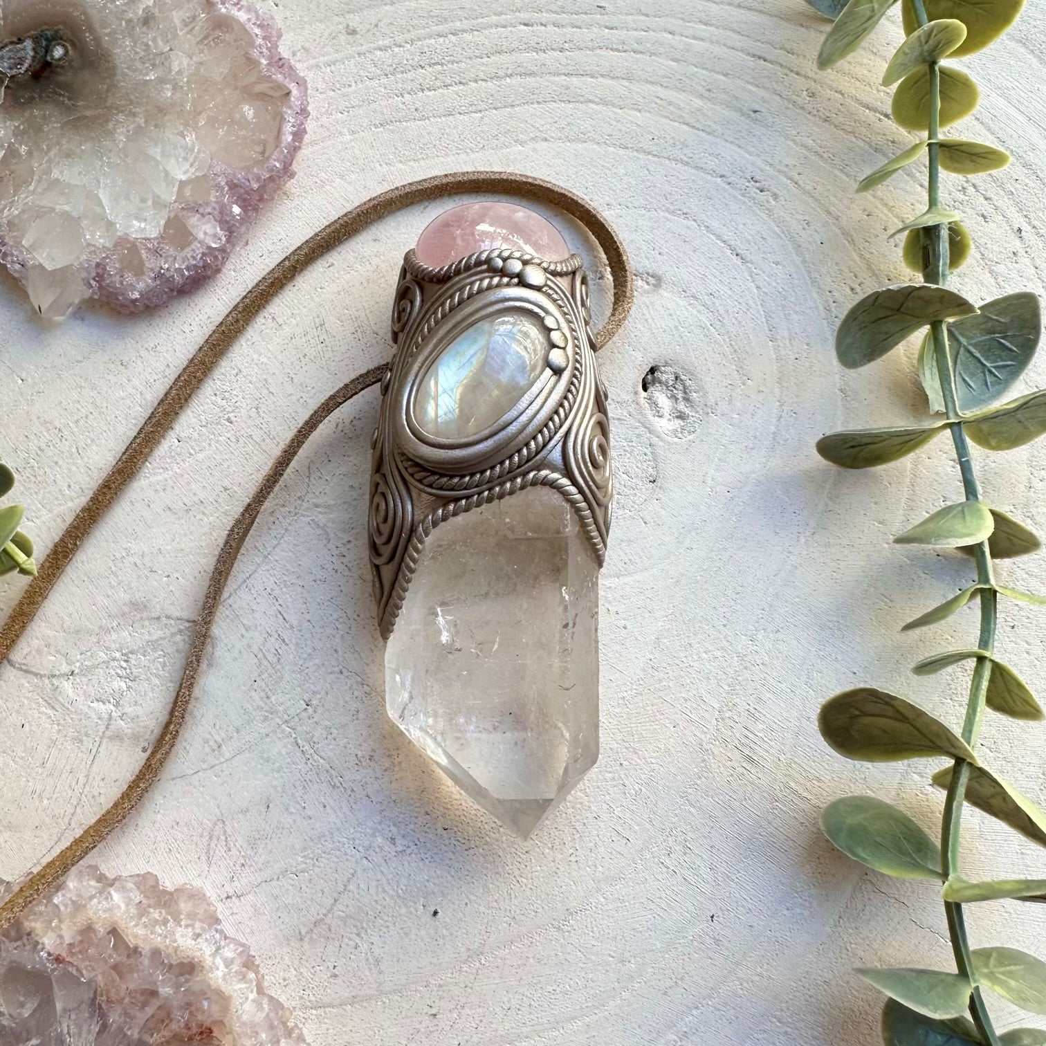 One of a kind quartz rose quartz and moonstone gemstone necklace wand