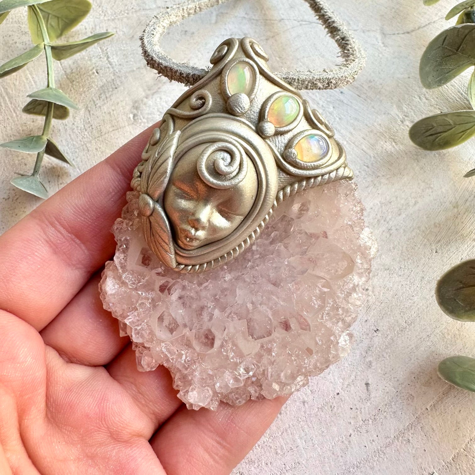 Handmade gemstone jewelry combining a Quartz Stalactite Slice with shimmering Ethiopian Opal.