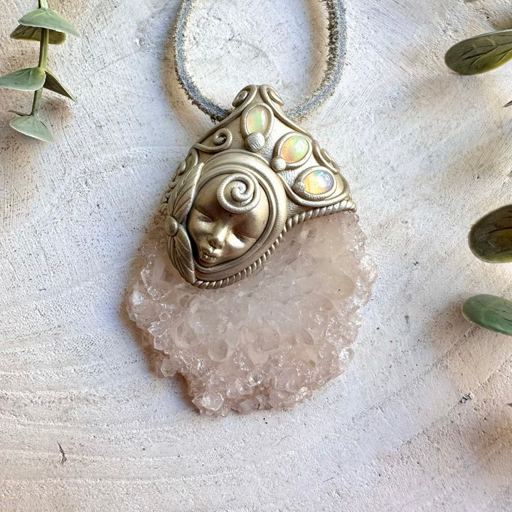 Quartz Stalactite Slice and Ethiopian Opal Goddess pendant necklace, handcrafted as unique spiritual gemstone jewelry.