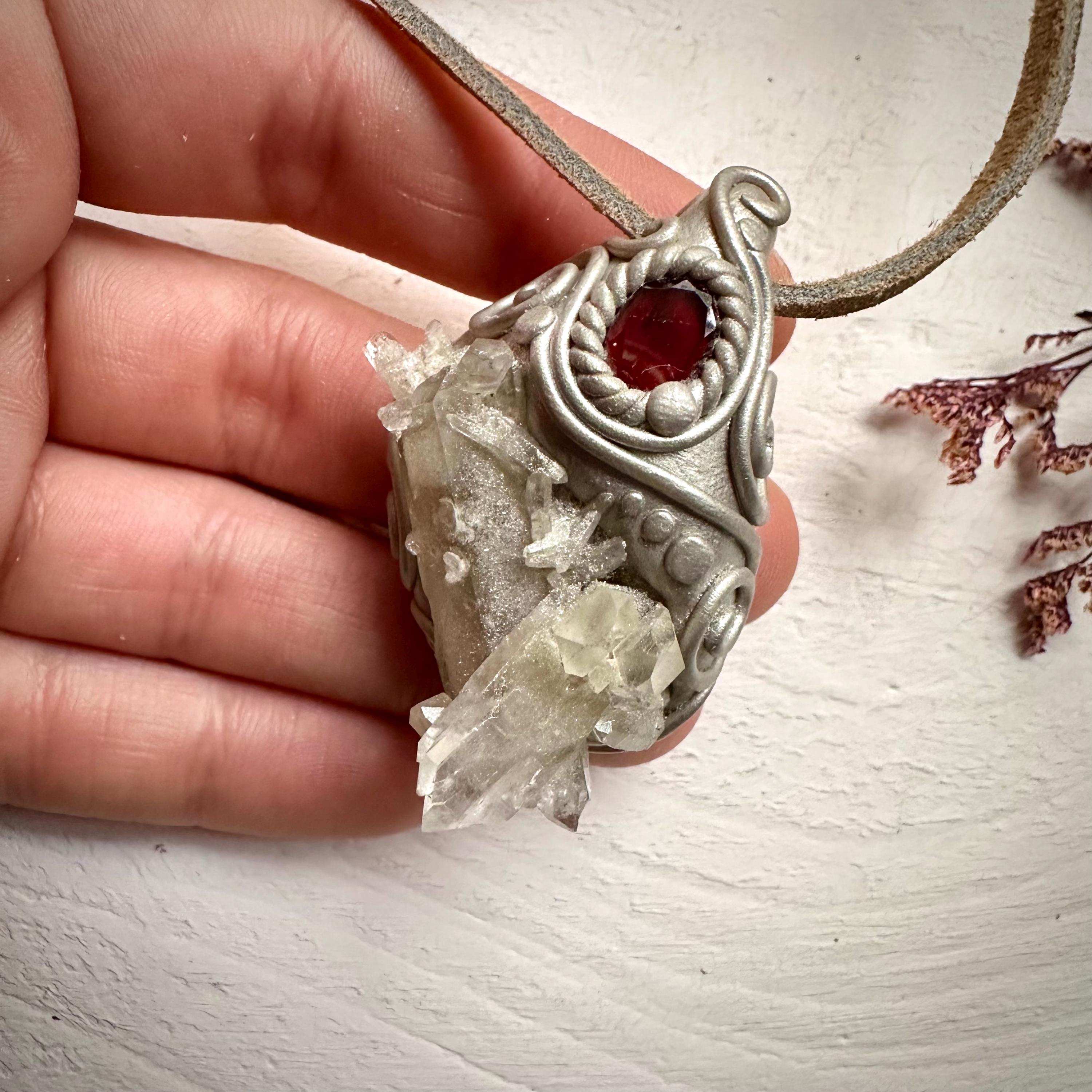 Quartz Cluster and Red Garnet Pendant Necklace - FairyGardenGlow