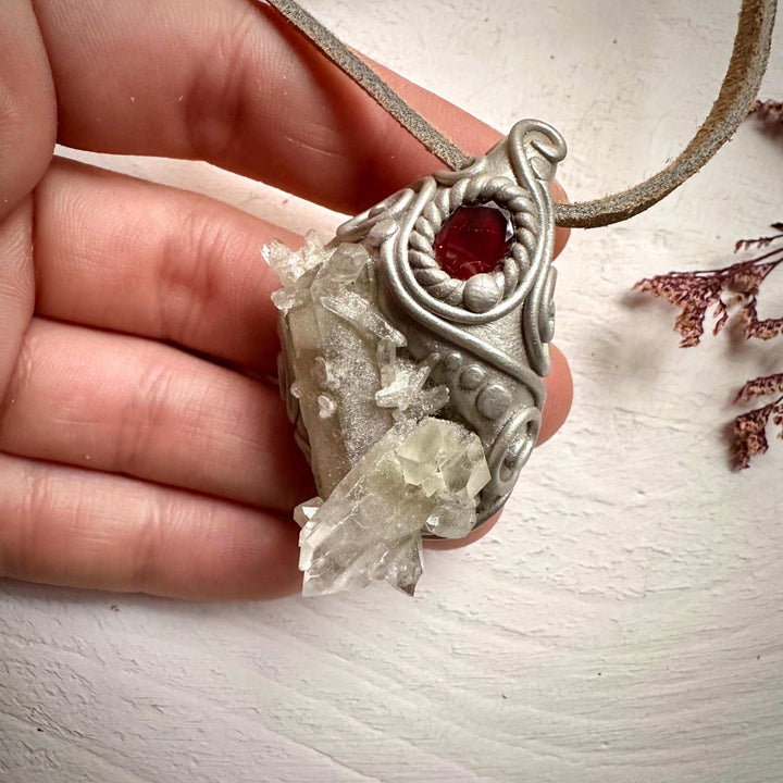 Quartz Cluster and Red Garnet Pendant Necklace - FairyGardenGlow