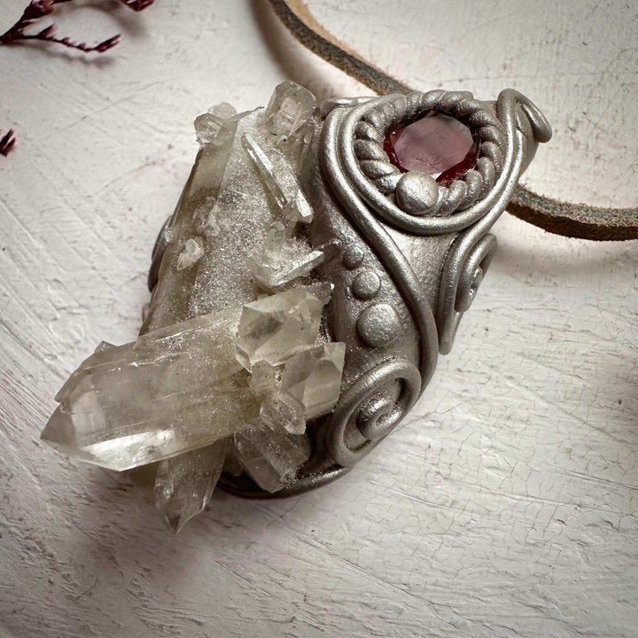 Quartz Cluster and Red Garnet Pendant Necklace - FairyGardenGlow